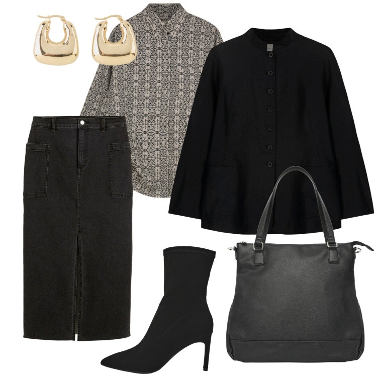 Outfit donna - Nero e grigio. per Tutti i giorni. Abbinamento con gonne longuette, orecchini, shopping bag, stivali, camicie, blazer.