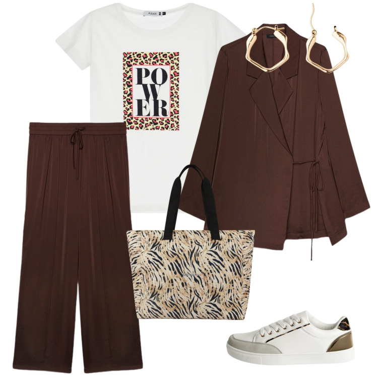 Outfit donna - Autunno. per Tutti i giorni. Abbinamento con orecchini, sneakers, t-shirt, shopping bag, blazer, pantaloni a palazzo.