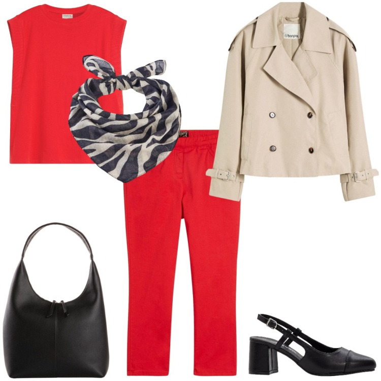 Outfit donna - Trench in autunno. Stile Glamour per Ufficio. Abbinamento con pantaloni, trench, shopping bag, foulard, décolleté, top.