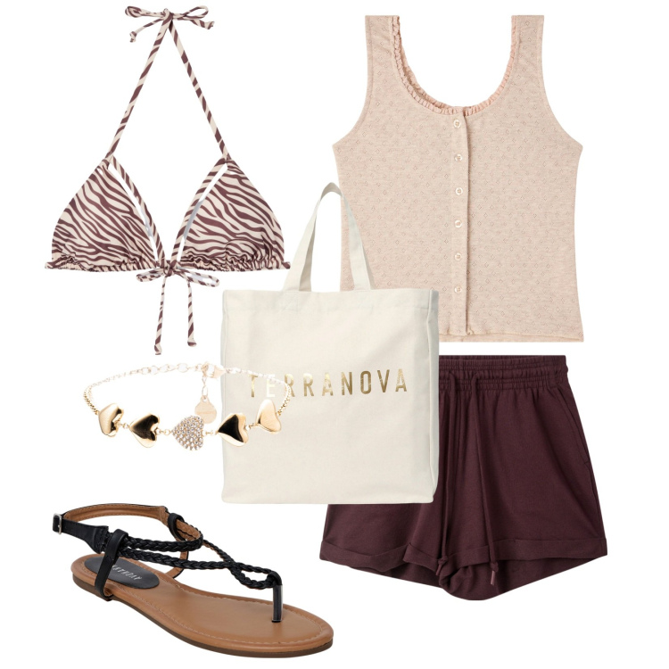 Outfit donna - Total look #2236981. Stile Trendy per Mare. Abbinamento con shorts, ciabatte, canottiere, bikini, borse tote, braccialetti.