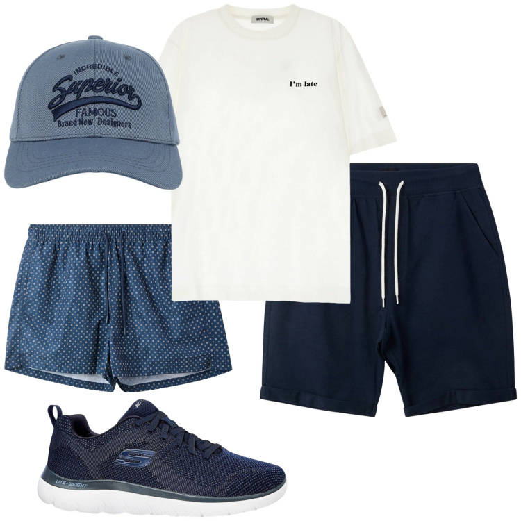 Outfit uomo - Total look #2236983. Stile Casual per Mare. Abbinamento con sneakers, cappelli con visiera, pantaloni corti, costumi, t-shirt.