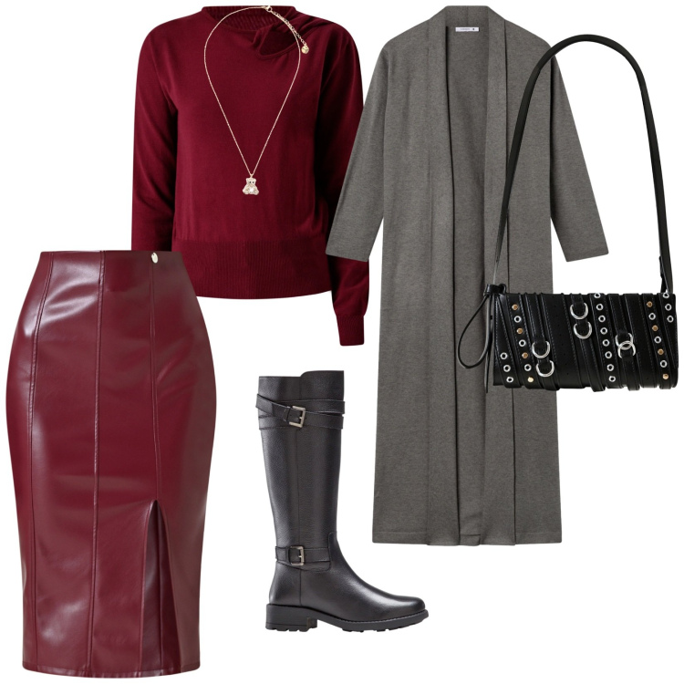 Outfit donna - Uscite autunnali. per Tutti i giorni. Abbinamento con stivali, cardigans, borse a spalla, gonne longuette, maglieria, ciondoli.