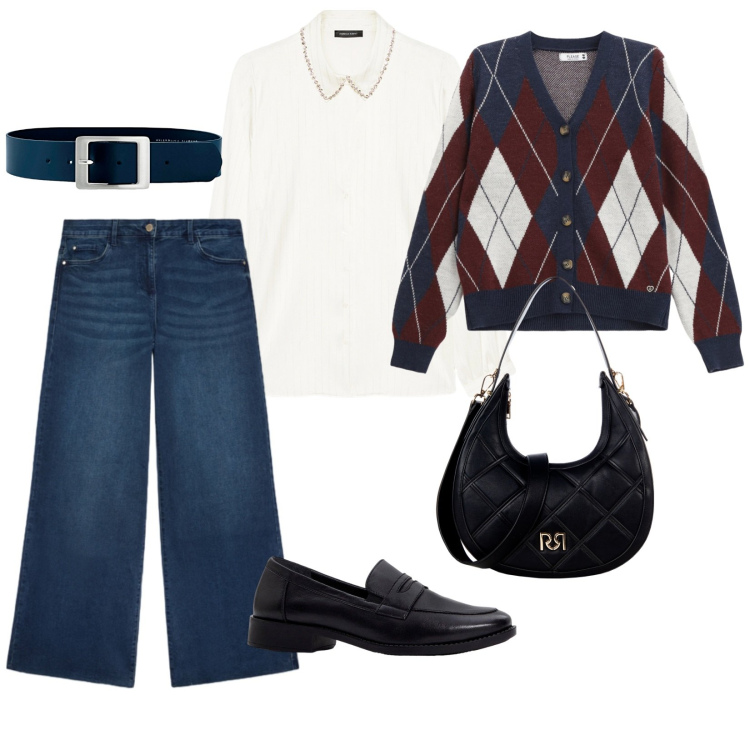 Outfit donna - Un po\' British. per Scuola/Università. Abbinamento con mocassini, cinture, borse a tracolla, cardigans, jeans, camicie.