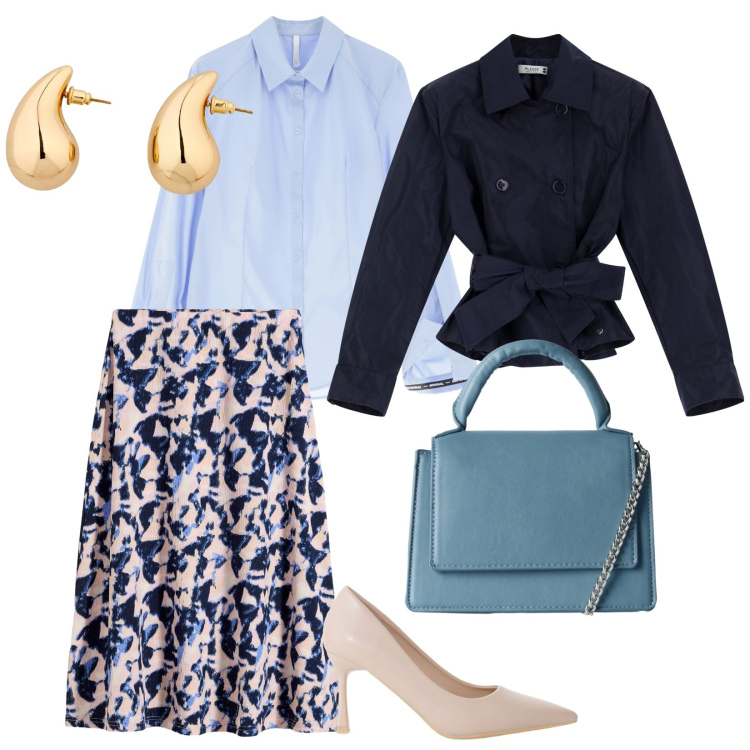 Outfit donna - Una bella giornata tra amiche. per Tutti i giorni. Abbinamento con gonne longuette, orecchini, borse a tracolla, blazer, décolleté, camicie.