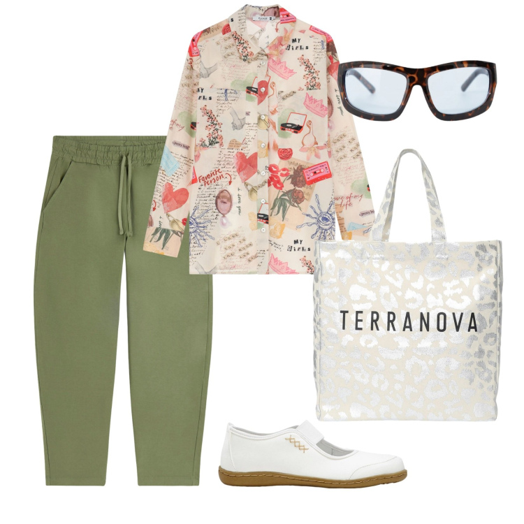 Outfit donna - Si passeggia. per Tutti i giorni. Abbinamento con ballerine, borse tote, camicie, occhiali da sole, pantaloni.
