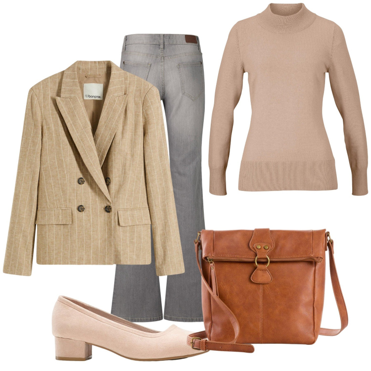 Outfit donna - Bonprix back to the Office. Stile Trendy per Ufficio. Abbinamento con jeans bootcut, maglieria, blazer, décolleté, borse a tracolla.