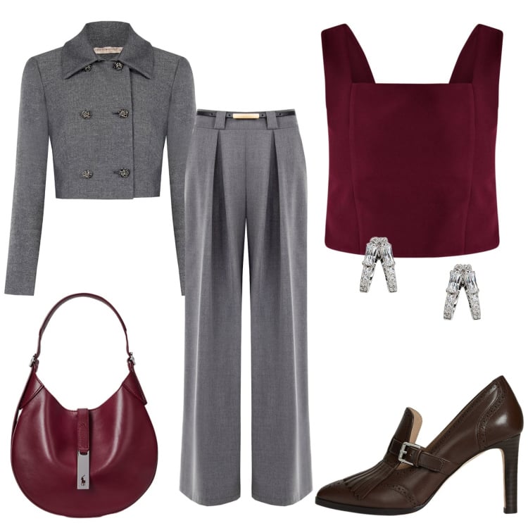 Outfit donna - Occasione formale. Stile Chic per Cerimonia. Abbinamento con pantaloni a palazzo, blazer, top, décolleté, orecchini, borse a spalla.