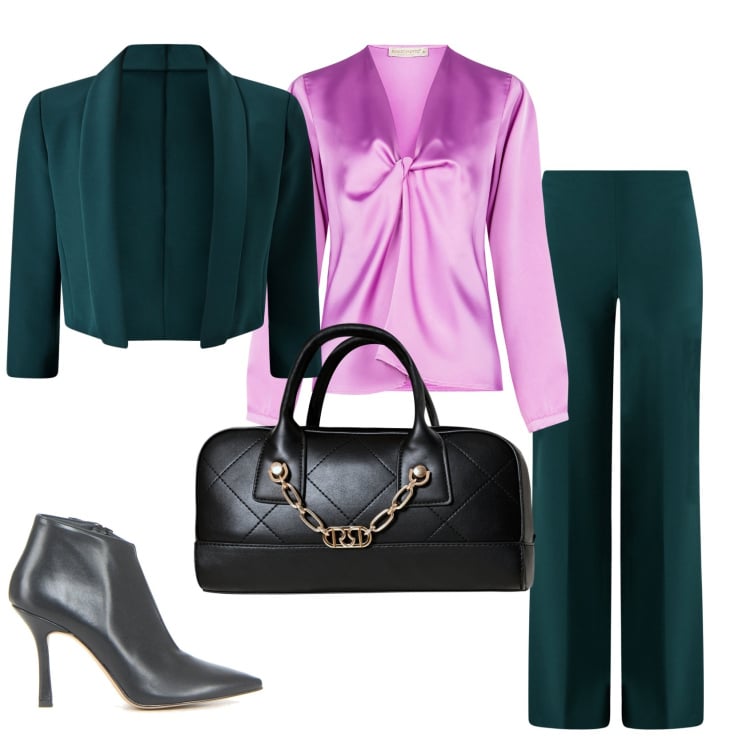 Outfit donna - Appuntamento elegante. Stile Chic per Serata fuori. Abbinamento con pantaloni a palazzo, bluse, borse a mano, bolero, sandali col tacco.