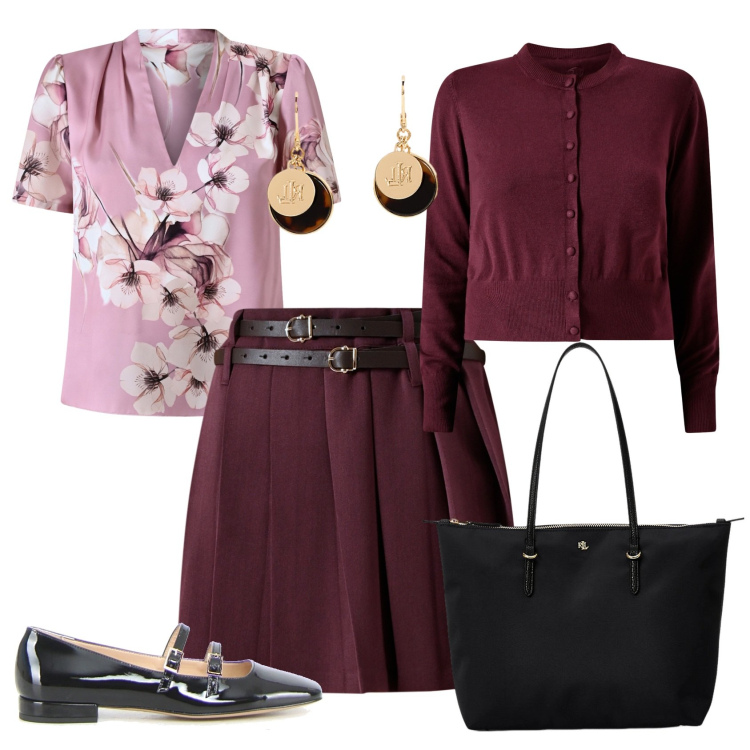 Outfit donna - Vagamente bonton. Stile Casual chic per Ufficio. Abbinamento con cardigans, minigonne, bluse, borse tote, orecchini, ballerine.