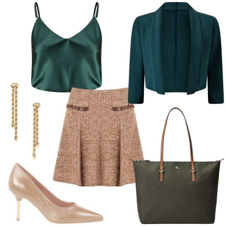 Outfit donna - Neutri eleganti. Stile Romantica per Serata fuori. Abbinamento con top, décolleté, minigonne, bolero, borse tote, orecchini.