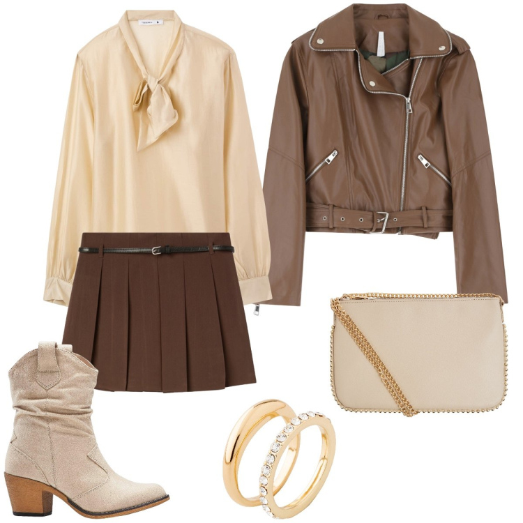 Outfit donna - Autunno in arrivo. Stile Casual per Tutti i giorni. Abbinamento con stivaletti texani, anelli, borse a tracolla, bluse, minigonne, giacche.
