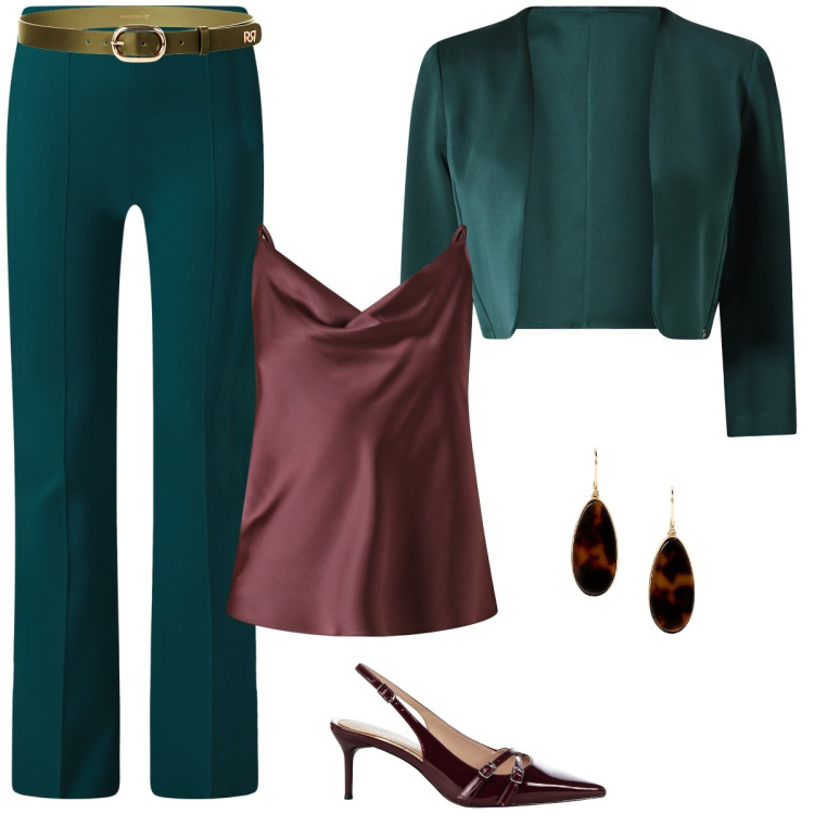 Outfit donna - Sottobosco. Stile Chic per Tutti i giorni. Abbinamento con décolleté, canottiere, cinture, pantaloni a palazzo, bolero, orecchini.