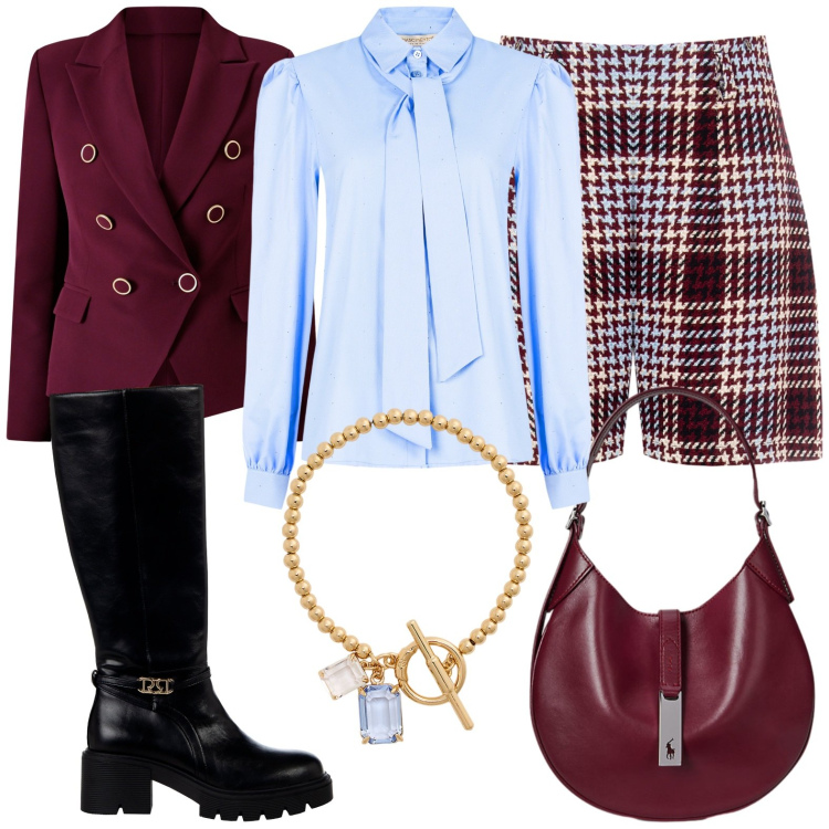Outfit donna - Rinascimento fw 2026 fd. Stile Chic per Serata fuori. Abbinamento con shorts, stivali sopra il ginocchio, camicie, blazer, braccialetti, borse a spalla.