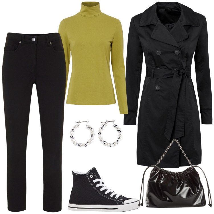 Outfit donna - Total look #2237062. Stile Casual per Tutti i giorni. Abbinamento con trench, maglieria, pantaloni, sneakers alte, shopping bag, orecchini.