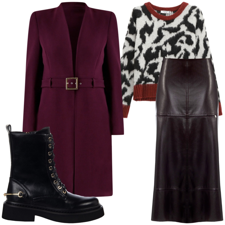 Outfit donna - Total look #2237066. Stile Chic per Ufficio. Abbinamento con gonne longuette, trench, anfibi, pullovers.