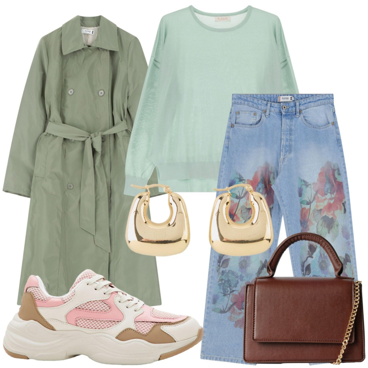 Outfit donna - Trench and flowers fd. Stile Glamour per Tutti i giorni. Abbinamento con sneakers, orecchini, borse a tracolla, pullovers, jeans dritti, trench.