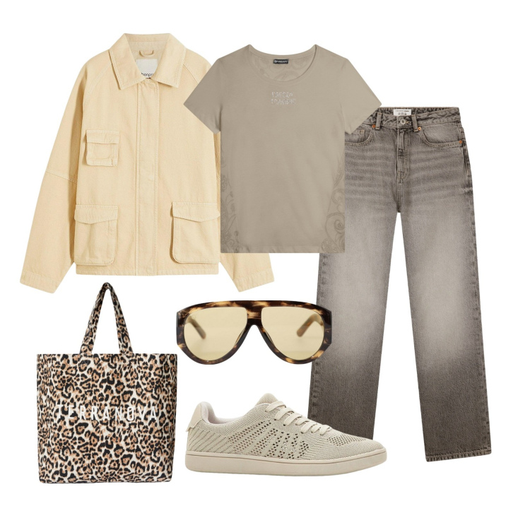 Outfit donna - Giacca multitasche!. Stile Urban per Scuola/Università. Abbinamento con blazer, sneakers, borse tote, jeans dritti, occhiali da sole, t-shirt.