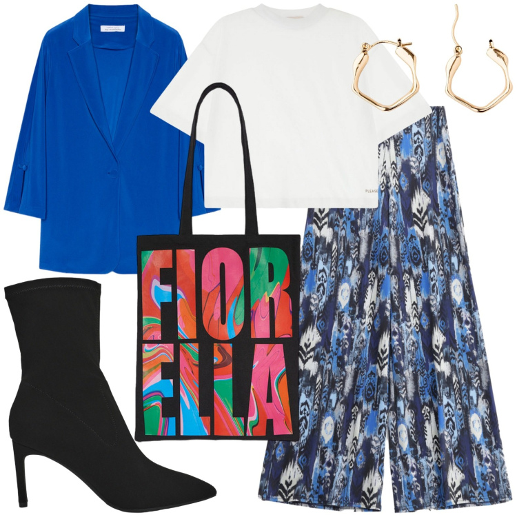 Outfit donna - Blu fw26 fd. Stile Casual per Serata fuori. Abbinamento con orecchini, stivali, t-shirt, pantaloni, borse tote, blazer.