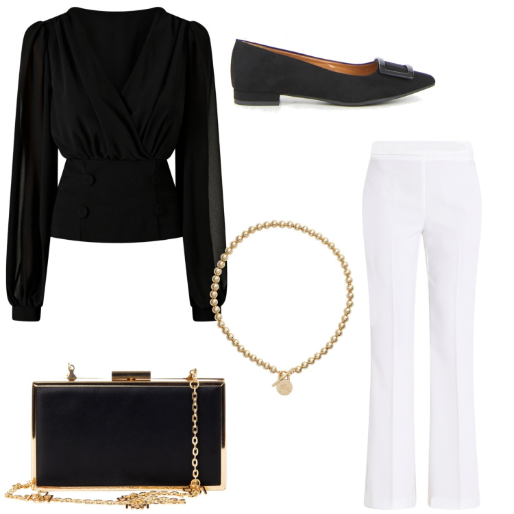 Outfit donna - Sofisticata. Stile Glamour per Serata fuori. Abbinamento con bluse, pantaloni, pochette, collane, ballerine.