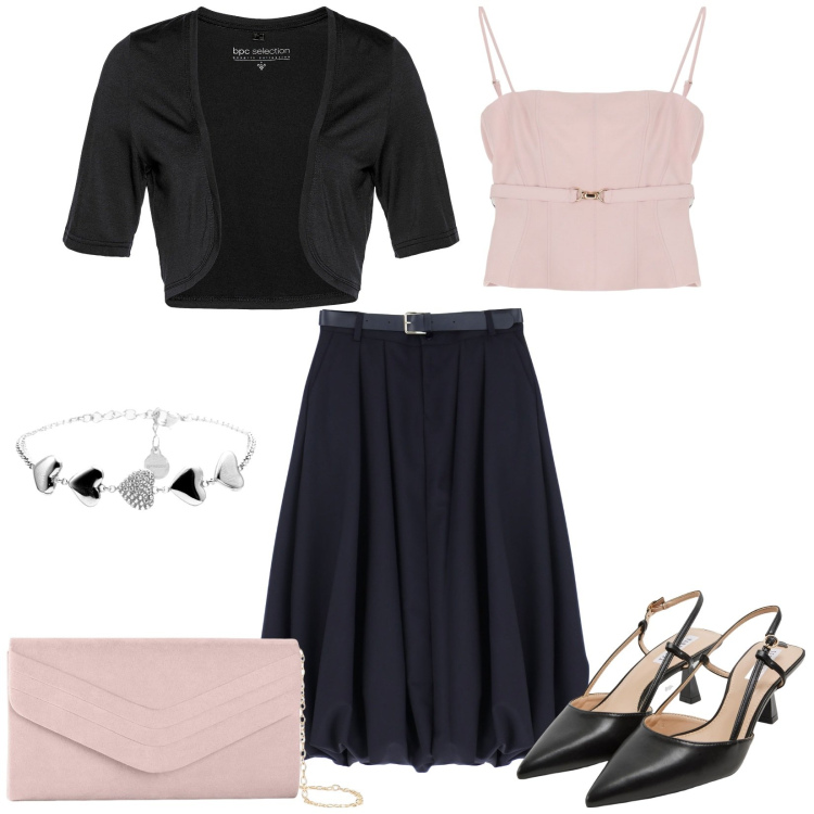 Outfit donna - Cerimonia a settembre. Stile Bon Ton per Cerimonia. Abbinamento con blazer, pochette, sabot, top, gonne longuette, braccialetti.