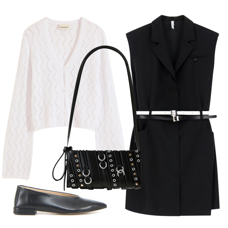 Outfit donna - Rientro con la pioggia. Stile Trendy per Tutti i giorni. Abbinamento con cardigans, borse a spalla, vestiti corti, ballerine.