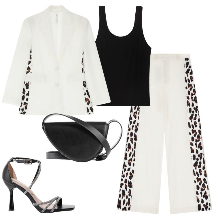 Outfit donna - Imperial. Stile Casual chic per Tutti i giorni. Abbinamento con borse a tracolla, sandali col tacco, pantaloni a palazzo, blazer, canottiere.