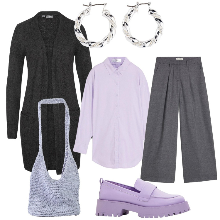 Outfit donna - In ufficio elegante con il lilla. Stile Minimal per Ufficio. Abbinamento con pantaloni, orecchini, camicie, cardigans, mocassini, shopping bag.