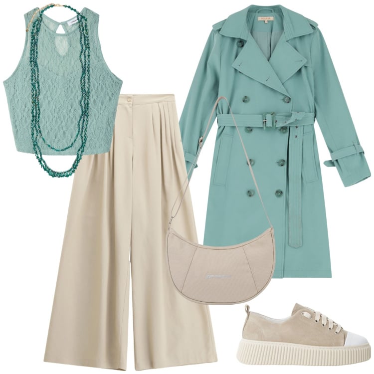 Outfit donna - Il trench color laguna. Stile Casual chic per Ufficio. Abbinamento con top, trench, pantaloni a palazzo, sneakers, borse a spalla, collane.