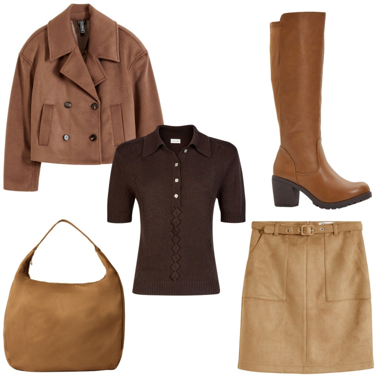 Outfit donna - Back to work. Stile Casual chic per Tutti i giorni. Abbinamento con gonne, stivali, caban, borse a mano, polo.