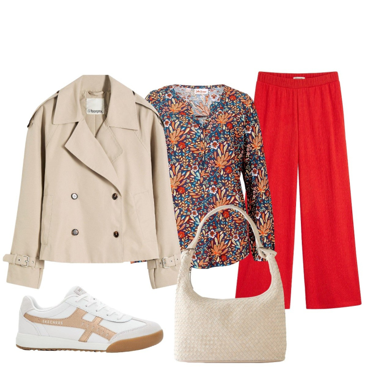 Outfit donna - Confort e stile. Stile Casual chic per Tutti i giorni. Abbinamento con pantaloni a palazzo, trench, maglieria, shopping bag, sneakers.