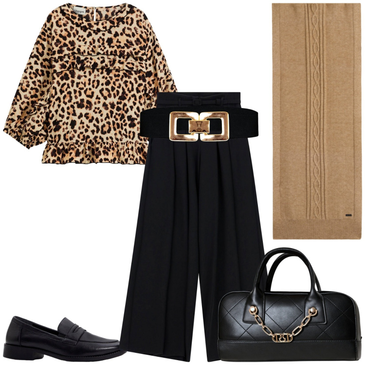 Outfit donna - La blusa animalier. Stile Casual chic per Tutti i giorni. Abbinamento con bluse, mocassini, cinture, borse a mano, pantaloni a palazzo, sciarpe.