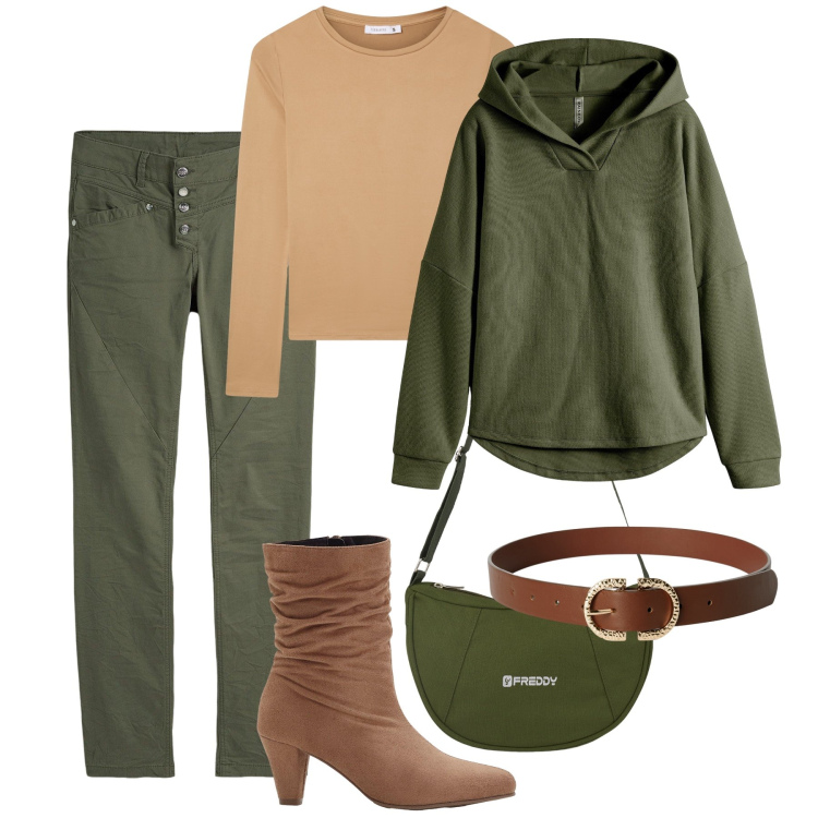 Outfit donna - City basic. Stile Basic per Tutti i giorni. Abbinamento con felpe, pantaloni sportivi, stivaletti, t-shirt, cinture, borse a spalla.