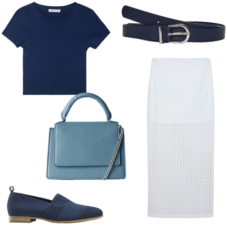 Outfit donna - Cosa indosso in ufficio. Stile Chic per Ufficio. Abbinamento con mocassini, gonne lunghe, t-shirt, borse a tracolla, cinture.