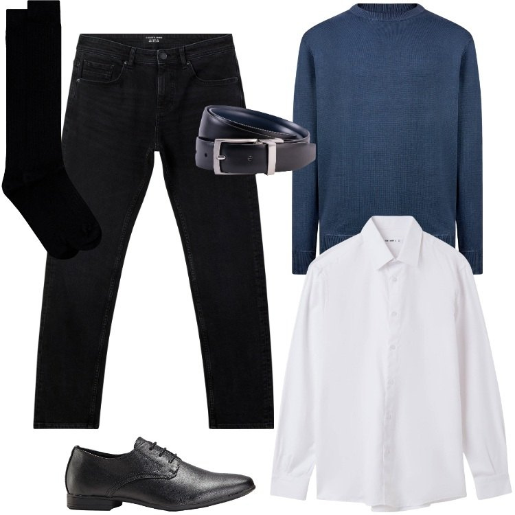 Outfit uomo - -Settembre. Stile Casual per Ufficio. Abbinamento con scarpe stringate, jeans, camicie, maglieria, cinture, calzini.