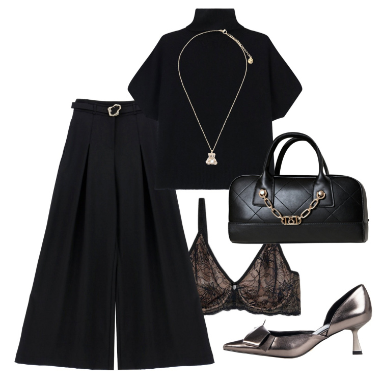 Outfit donna - Look sofisticato!. Stile Chic per Ufficio. Abbinamento con décolleté, borse a mano, maglieria, pantaloni, ciondoli, reggiseni.