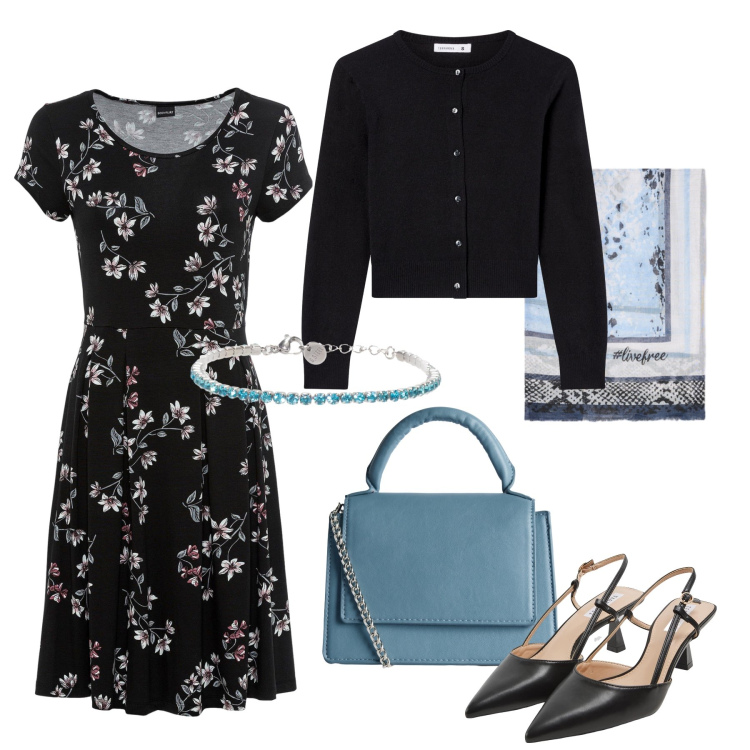 Outfit donna - Settembre romantico retró. Stile Vintage retrò per Ufficio. Abbinamento con vestiti, cardigans, sabot, borse a tracolla, braccialetti, foulard.