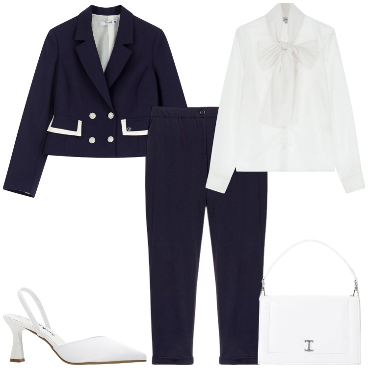 Outfit donna - In ufficio con stile. Stile Bon Ton per Ufficio. Abbinamento con décolleté, camicie, blazer, borse a tracolla, pantaloni.