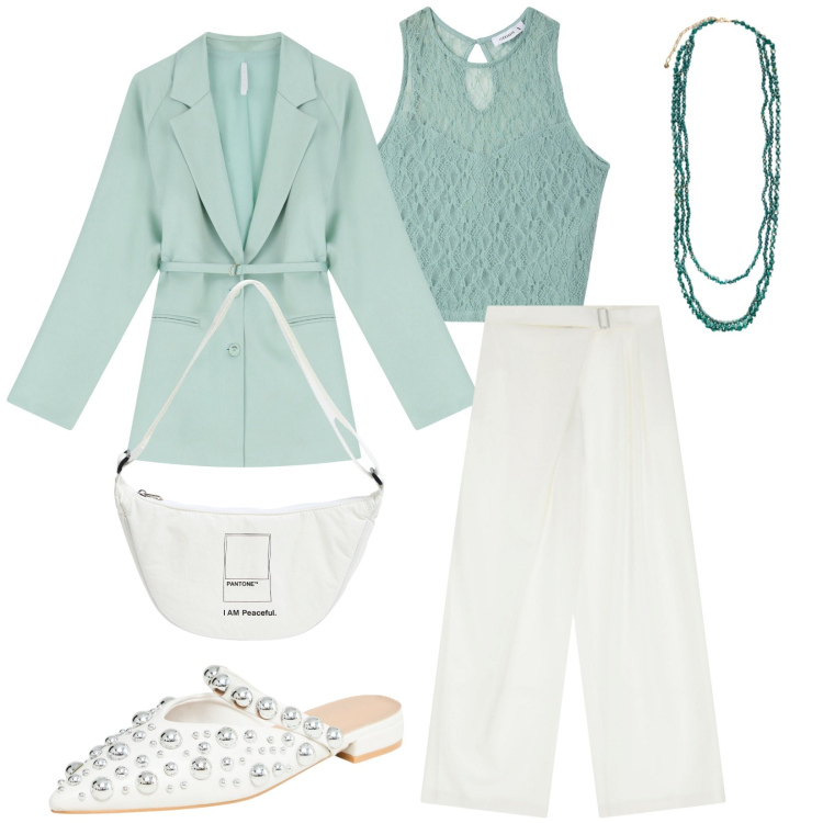 Outfit donna - Malva e bianco per l\'aperitivo. Stile Bon Ton per Tutti i giorni. Abbinamento con top, marsupi, ballerine, blazer, pantaloni a palazzo, collane.
