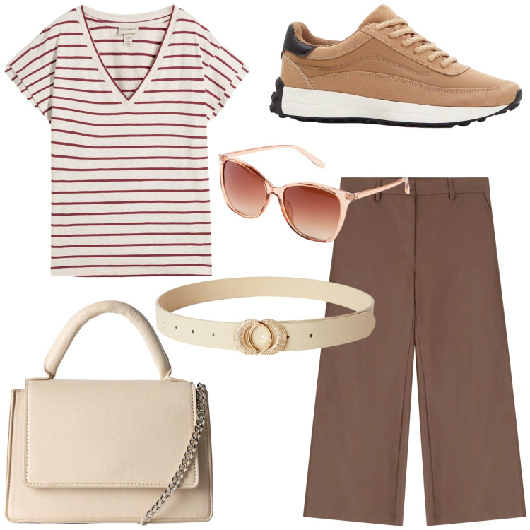 Outfit donna - Cosa indosso in ufficio 3. Stile Casual chic per Ufficio. Abbinamento con sneakers, maglieria, occhiali da sole, borse a tracolla, cinture, pantaloni.