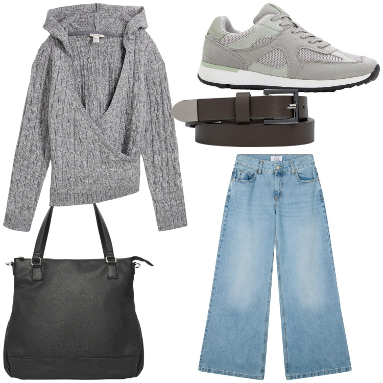 Outfit donna - Denim sporty chic. Stile Casual chic per Tutti i giorni. Abbinamento con pullovers, sneakers, jeans, shopping bag, cinture.