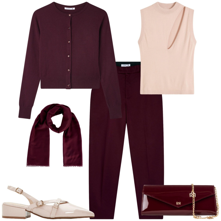 Outfit donna - Total look #2237148. Stile Bon Ton per Tutti i giorni. Abbinamento con top, décolleté, pantaloni chino, cardigans, foulard, pochette.