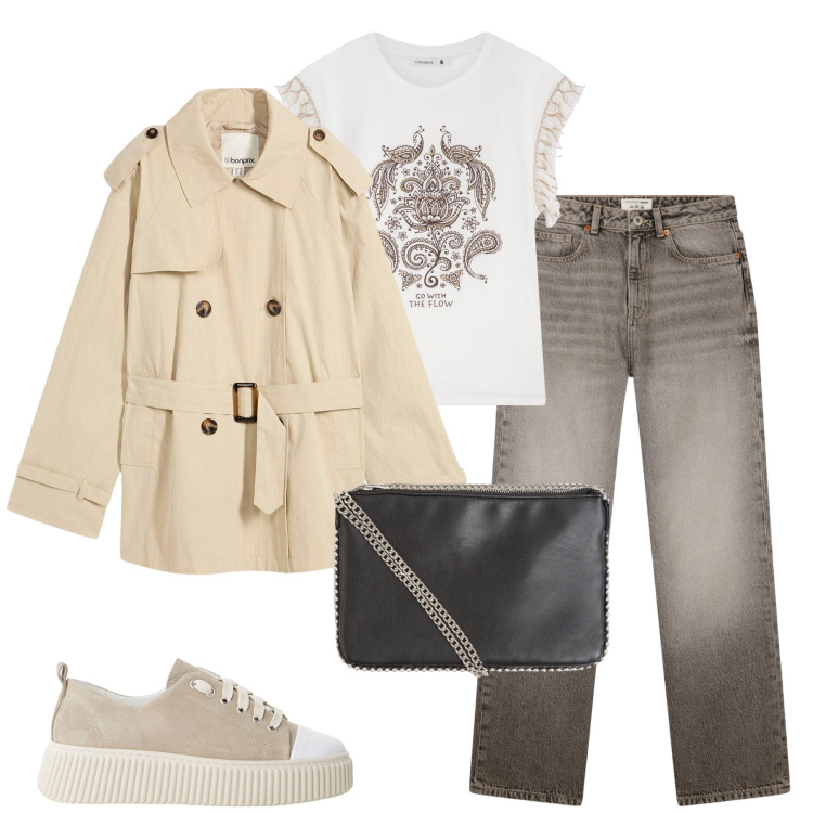 Outfit donna - Temporale di fine estate. Stile Casual chic per Tutti i giorni. Abbinamento con trench, borse a tracolla, t-shirt, jeans dritti, sneakers.