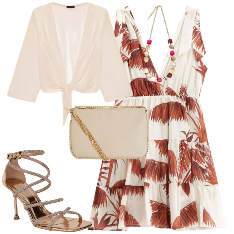 Outfit donna - Il coprispalle per la sera. Stile Trendy per Serata fuori. Abbinamento con sandali col tacco, borse a tracolla, vestiti corti, collane, blazer.