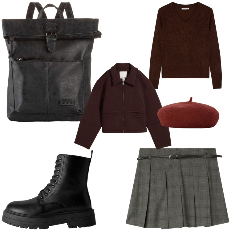 Outfit donna - Total look #2237167. Stile Casual chic per Tutti i giorni. Abbinamento con zaini, blazer, maglieria, minigonne, anfibi, cappelli e berretti.