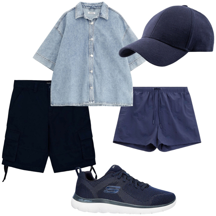 Outfit uomo - Vado a fare un bagno. Stile Casual per Mare. Abbinamento con sneakers, bermuda, camicie a manica corta, costumi, cappelli con visiera.