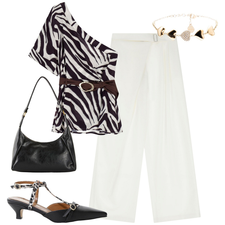 Outfit donna - Imperial. Stile Trendy per Tutti i giorni. Abbinamento con borse a mano, décolleté, top, pantaloni a palazzo, braccialetti.