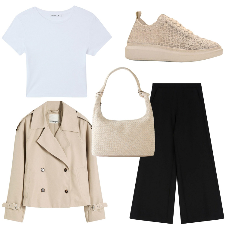 Outfit donna - Workwear. Stile Casual chic per Ufficio. Abbinamento con trench, shopping bag, sneakers, t-shirt, pantaloni.