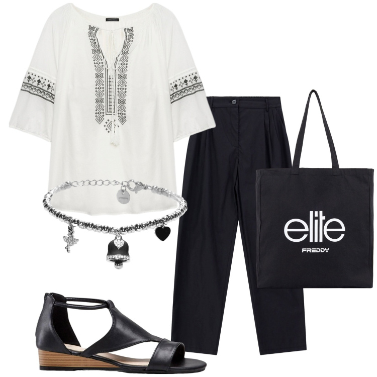 Outfit donna - Rientro con nostalgia. Stile Etnico per Tutti i giorni. Abbinamento con sandali, pantaloni, shopping bag, braccialetti, bluse.