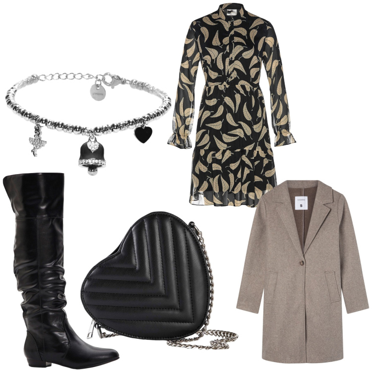Outfit donna - Total look #2237179. Stile Casual chic per Serata fuori. Abbinamento con stivali sopra il ginocchio, vestiti, borse a tracolla, cappotti, braccialetti.