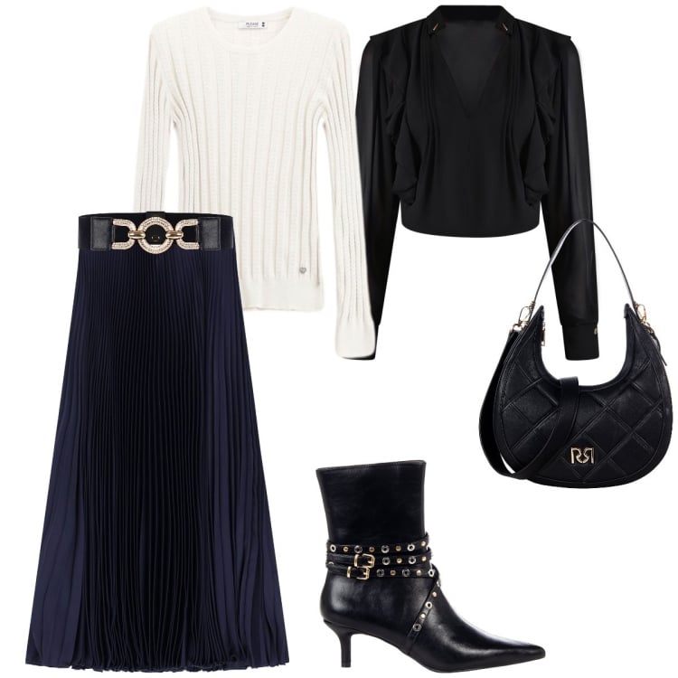 Outfit donna - Total look #2237181. Stile Casual chic per Tutti i giorni. Abbinamento con stivaletti, borse a tracolla, cinture, bluse, pullovers, gonne lunghe.